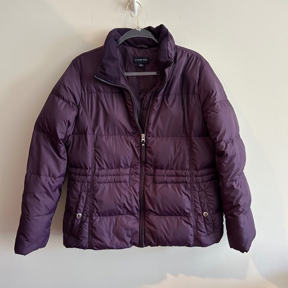 Lands End Down Puffer Jacket Purple Large Quilted Fleece Trim